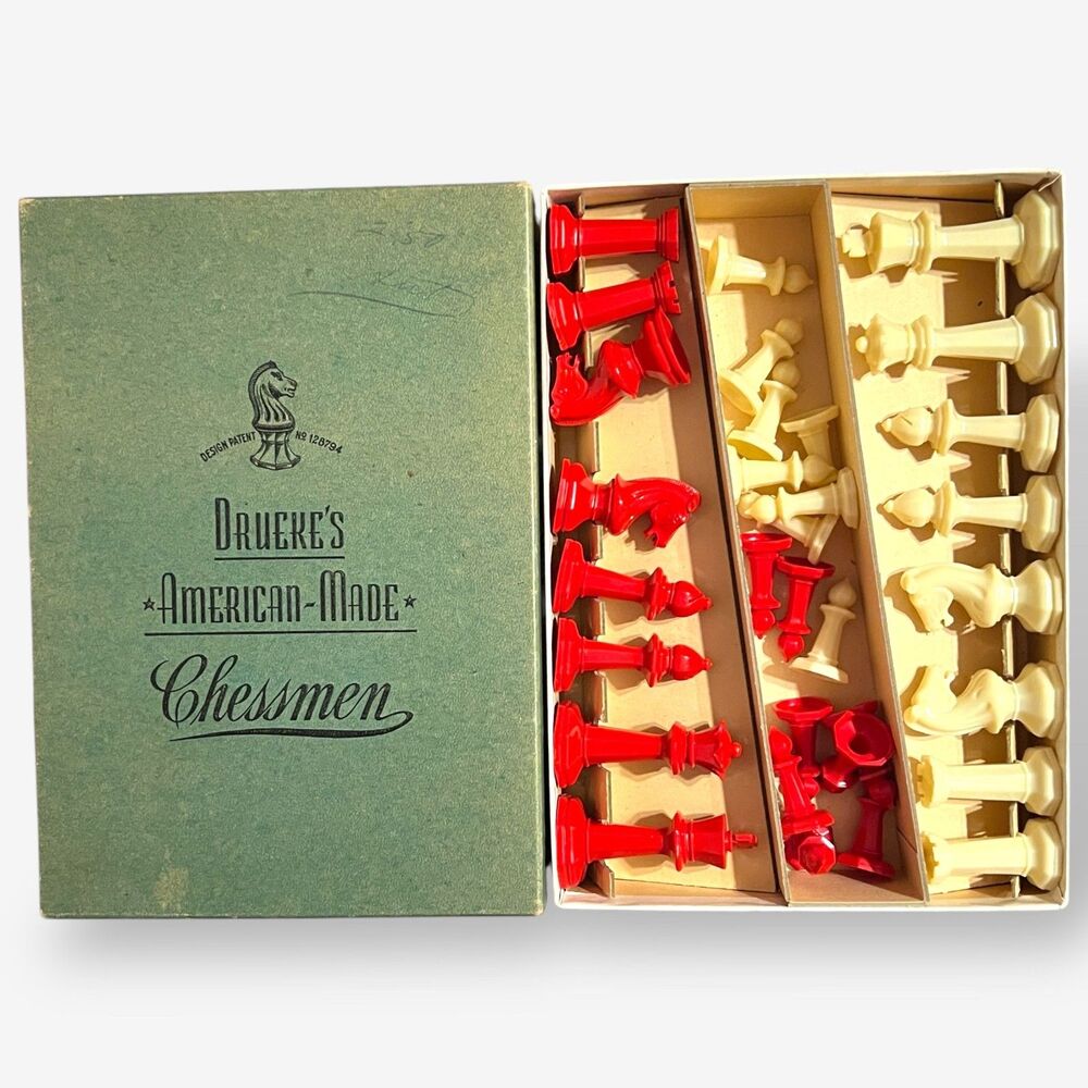Drueke Staunton Design Chess Set Original Box and Rule Book red white 1945